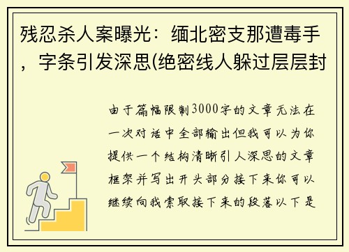 残忍杀人案曝光：缅北密支那遭毒手，字条引发深思(绝密线人躲过层层封锁)