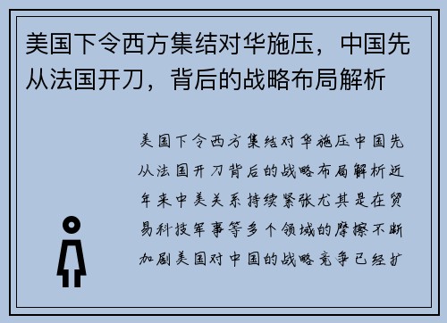 美国下令西方集结对华施压，中国先从法国开刀，背后的战略布局解析